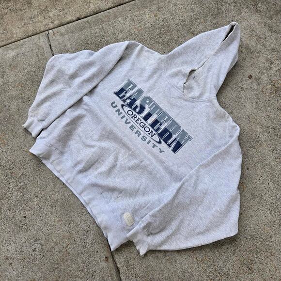 Vtg 90s EASTERN OREGON UNIVERSITY Spellout Graphic College Hooded Sweatshirt Lg - Picture 2 of 7